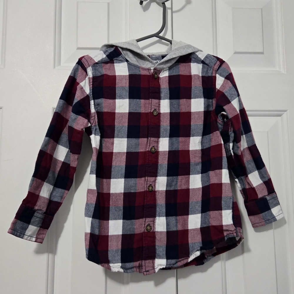 Toddler Plaid Button Down Shirt with Hood - 3T